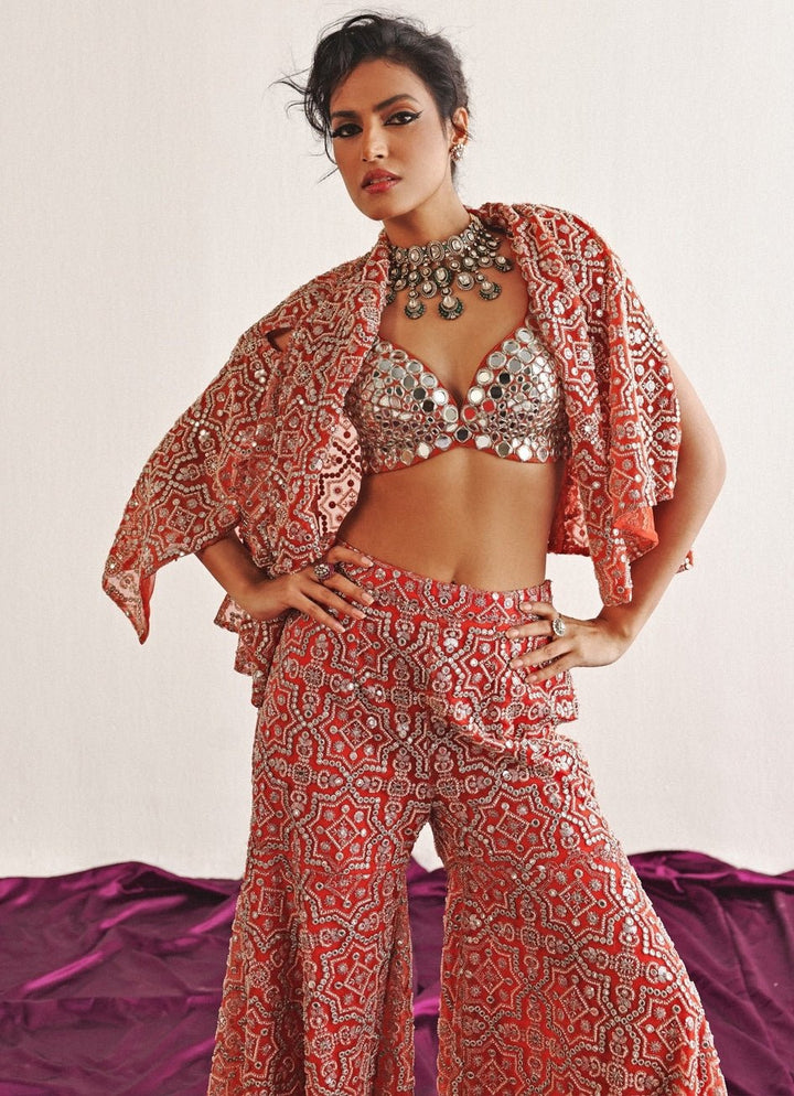 Dusty Pink Mirrorwork Sharara Set With Bralette And Cape Twenty Nine - Fabilicious Fashion