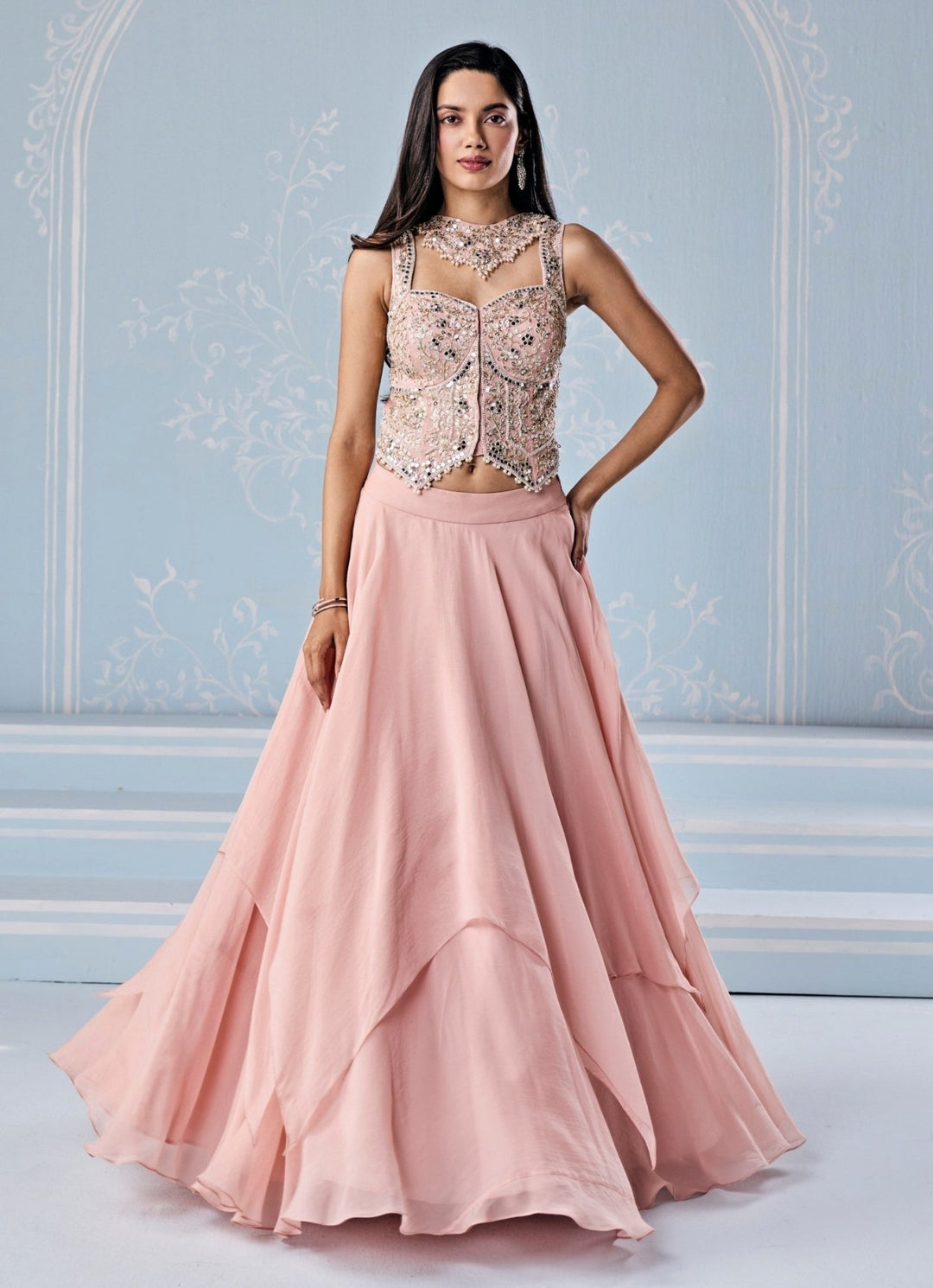 Seema Thukral Dusty Pink Organza Asymmetric Lehenga SetFabilicious Fashion