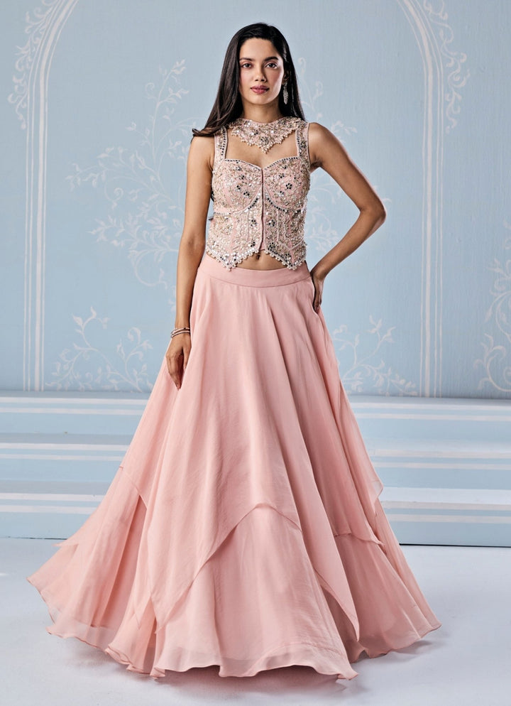 Seema Thukral Dusty Pink Organza Asymmetric Lehenga SetFabilicious Fashion