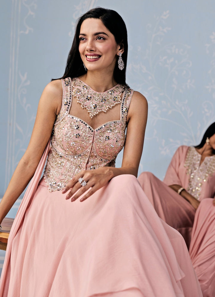 Seema Thukral Dusty Pink Organza Asymmetric Lehenga SetFabilicious Fashion