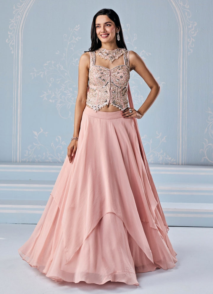 Seema Thukral Dusty Pink Organza Asymmetric Lehenga SetFabilicious Fashion