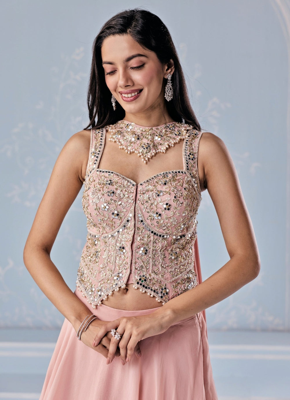Seema Thukral Dusty Pink Organza Asymmetric Lehenga SetFabilicious Fashion