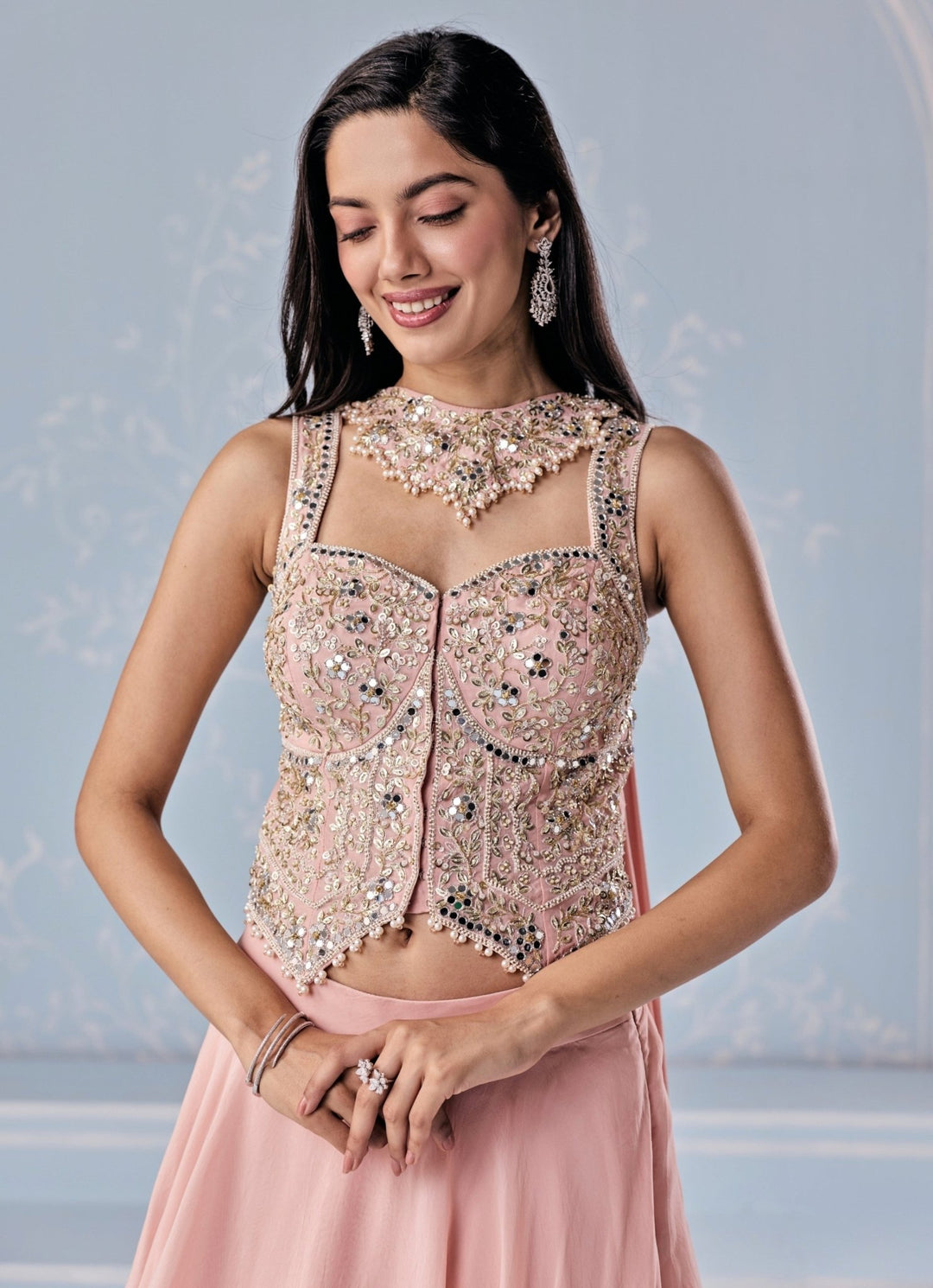 Seema Thukral Dusty Pink Organza Asymmetric Lehenga SetFabilicious Fashion