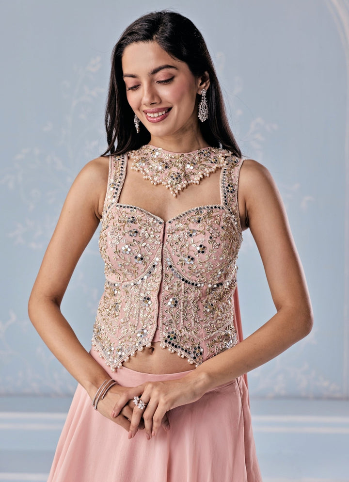 Seema Thukral Dusty Pink Organza Asymmetric Lehenga SetFabilicious Fashion