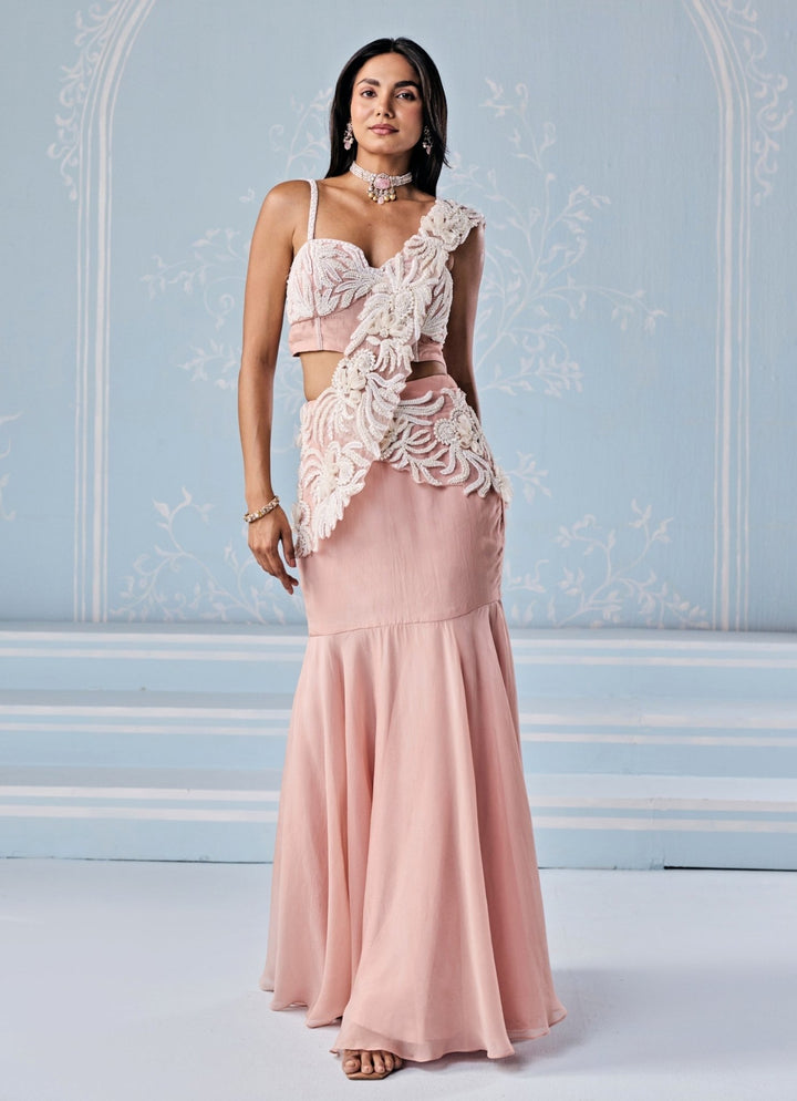 Seema Thukral Dusty Pink Organza Mermaid Lehenga Saree Set With CorsetFabilicious Fashion
