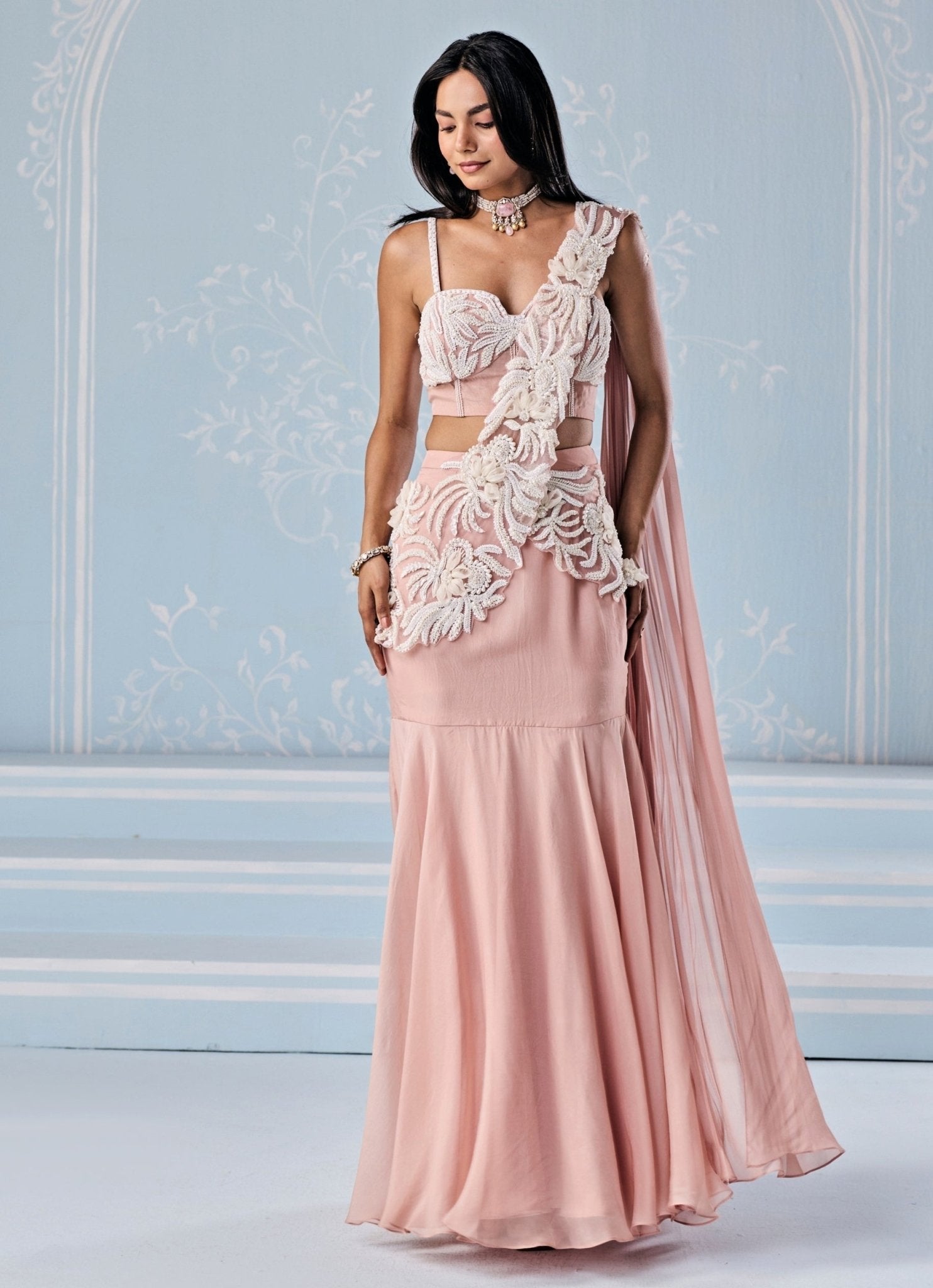 Dusty pink organza mermaid lehenga saree set with corset by Seema Thukral for cocktail reception