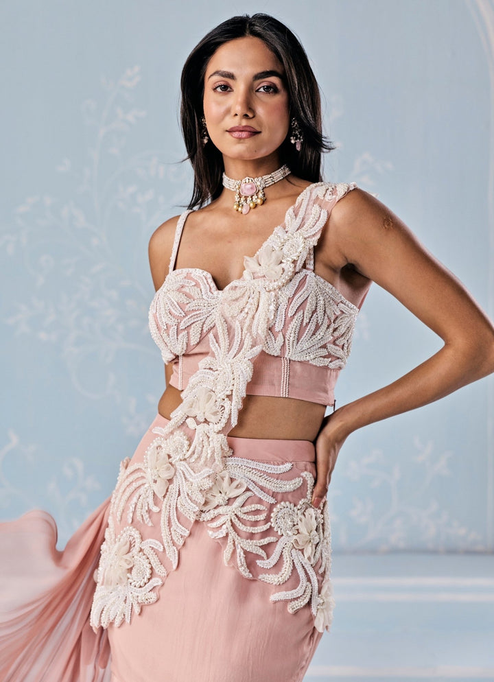 Seema Thukral Dusty Pink Organza Mermaid Lehenga Saree Set With CorsetFabilicious Fashion