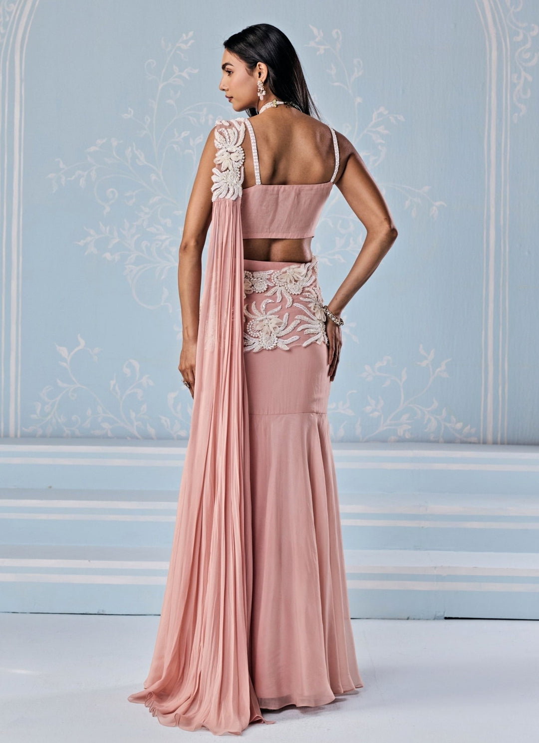 Seema Thukral Dusty Pink Organza Mermaid Lehenga Saree Set With CorsetFabilicious Fashion