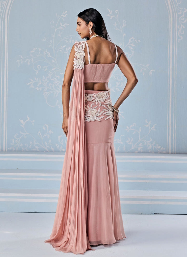 Seema Thukral Dusty Pink Organza Mermaid Lehenga Saree Set With CorsetFabilicious Fashion