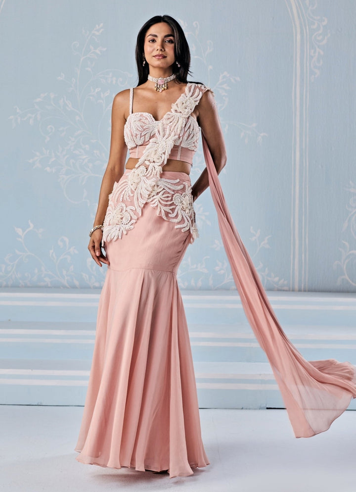 Seema Thukral Dusty Pink Organza Mermaid Lehenga Saree Set With CorsetFabilicious Fashion