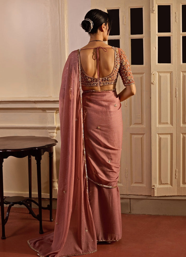 Dusty Pink Pre - Pleated Georgette Saree Zoon Tribe - Fabilicious Fashion