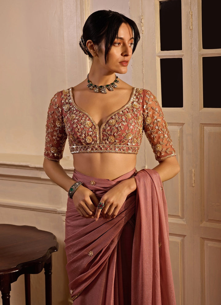 Dusty Pink Pre - Pleated Georgette Saree Zoon Tribe - Fabilicious Fashion