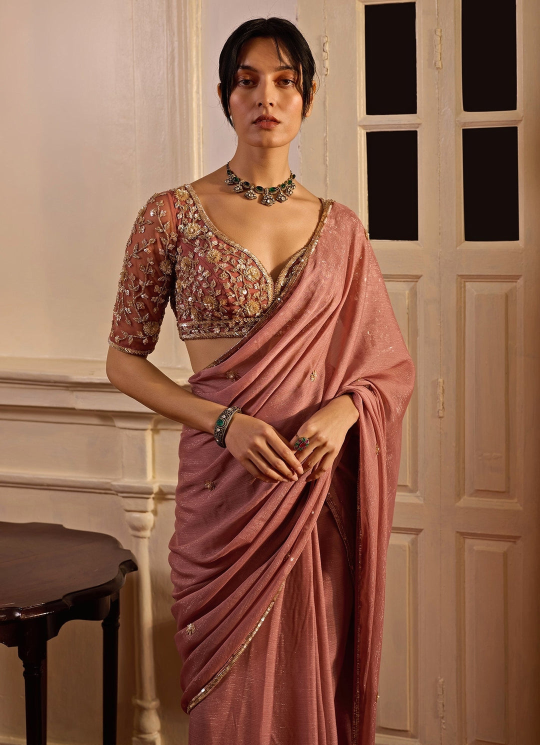 Dusty Pink Pre - Pleated Georgette Saree Zoon Tribe - Fabilicious Fashion