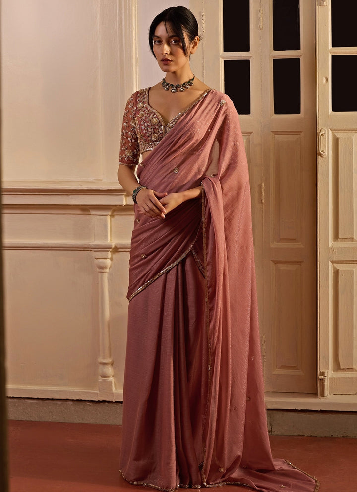 Dusty Pink Pre - Pleated Georgette Saree Zoon Tribe - Fabilicious Fashion