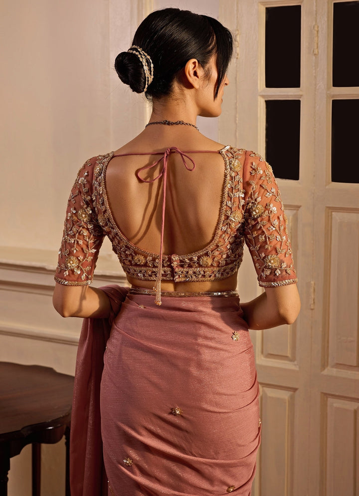 Dusty Pink Pre - Pleated Georgette Saree Zoon Tribe - Fabilicious Fashion