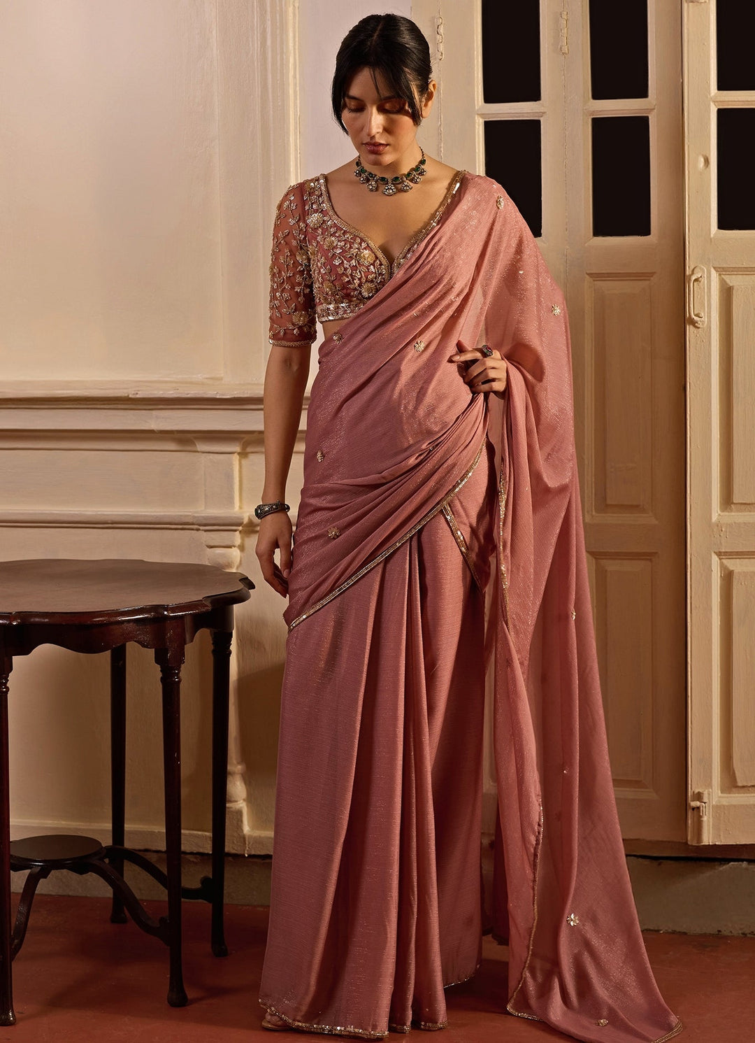 Dusty Pink Pre - Pleated Georgette Saree Zoon Tribe - Fabilicious Fashion