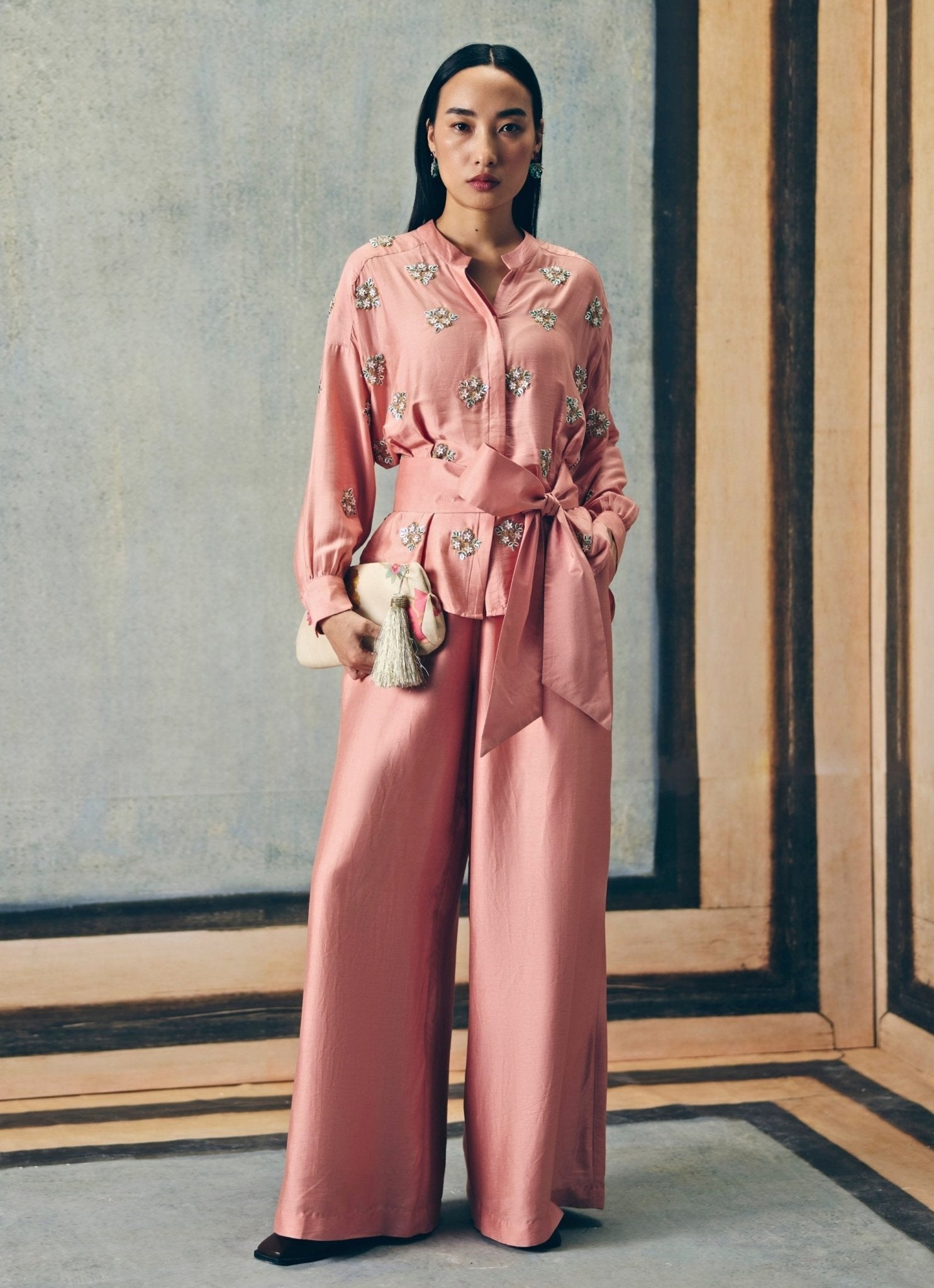 dusty pink silk co ord indowestern set resort wedding guest outfit