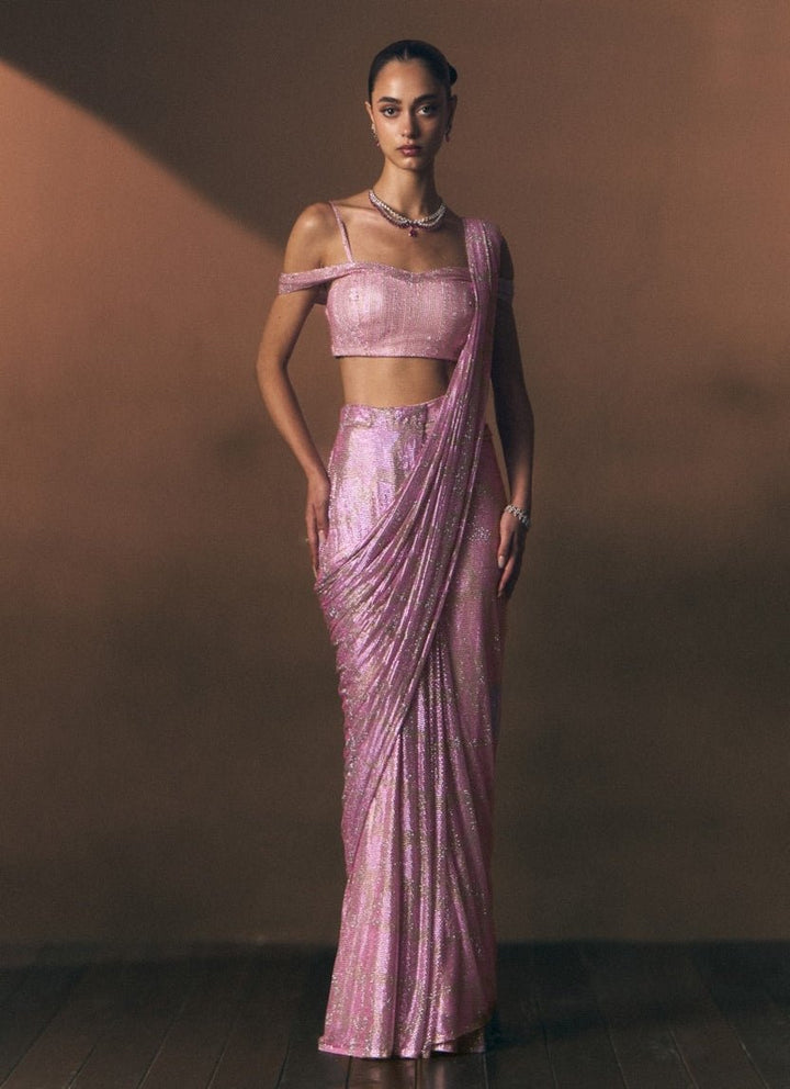 Angad Singh Dusty Pink Soft Net Pre-Draped SareeFabilicious Fashion