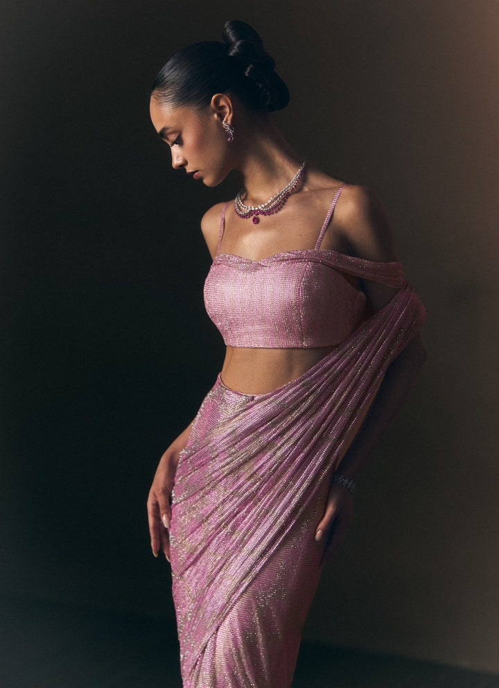 Angad Singh Dusty Pink Soft Net Pre-Draped SareeFabilicious Fashion