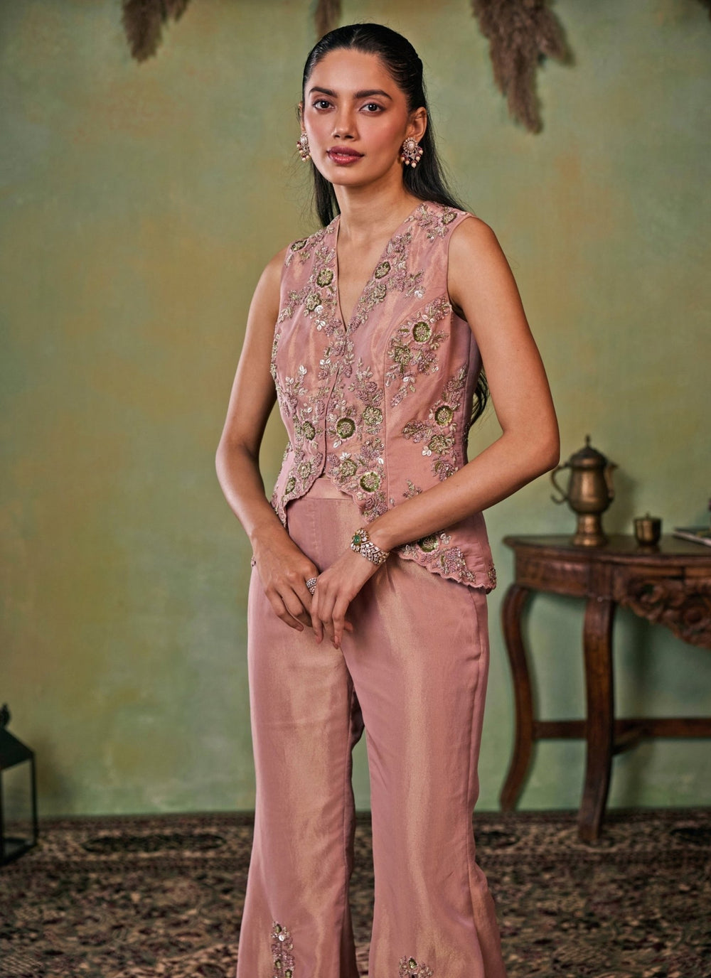 Seema Thukral Dusty Pink Tissue Jacket Pants SetFabilicious Fashion