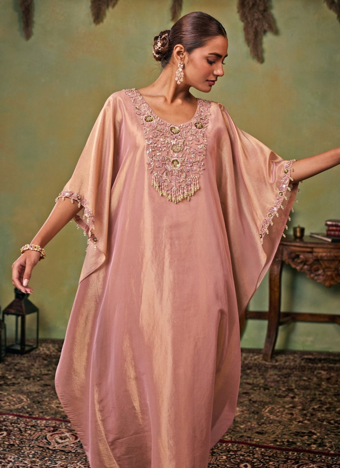Seema Thukral Dusty Pink Tissue Kaftan Pants SetFabilicious Fashion