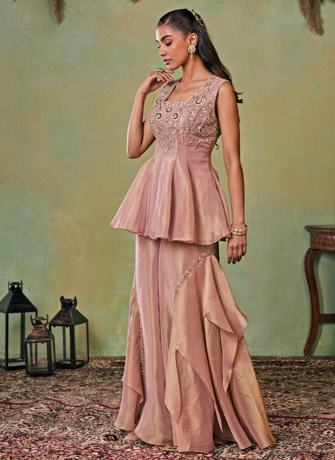 Seema Thukral Dusty Pink Tissue Peplum Kurta Sharara SetFabilicious Fashion