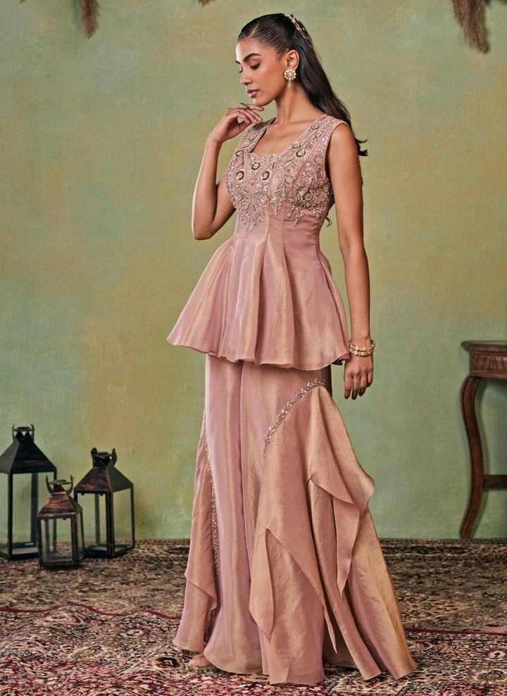 Seema Thukral Dusty Pink Tissue Peplum Kurta Sharara SetFabilicious Fashion