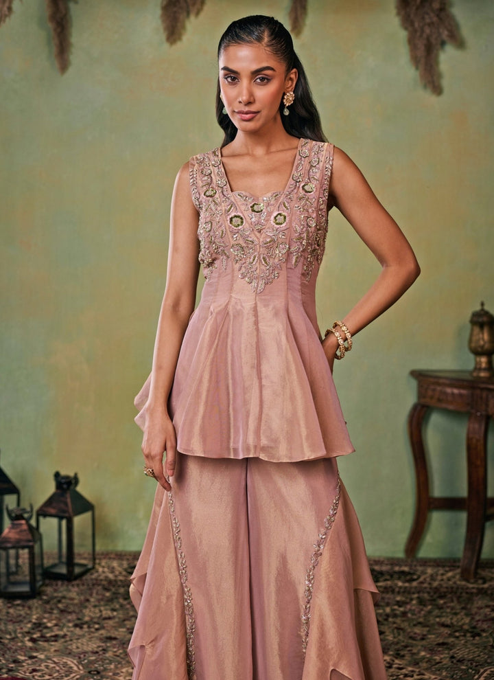 Seema Thukral Dusty Pink Tissue Peplum Kurta Sharara SetFabilicious Fashion