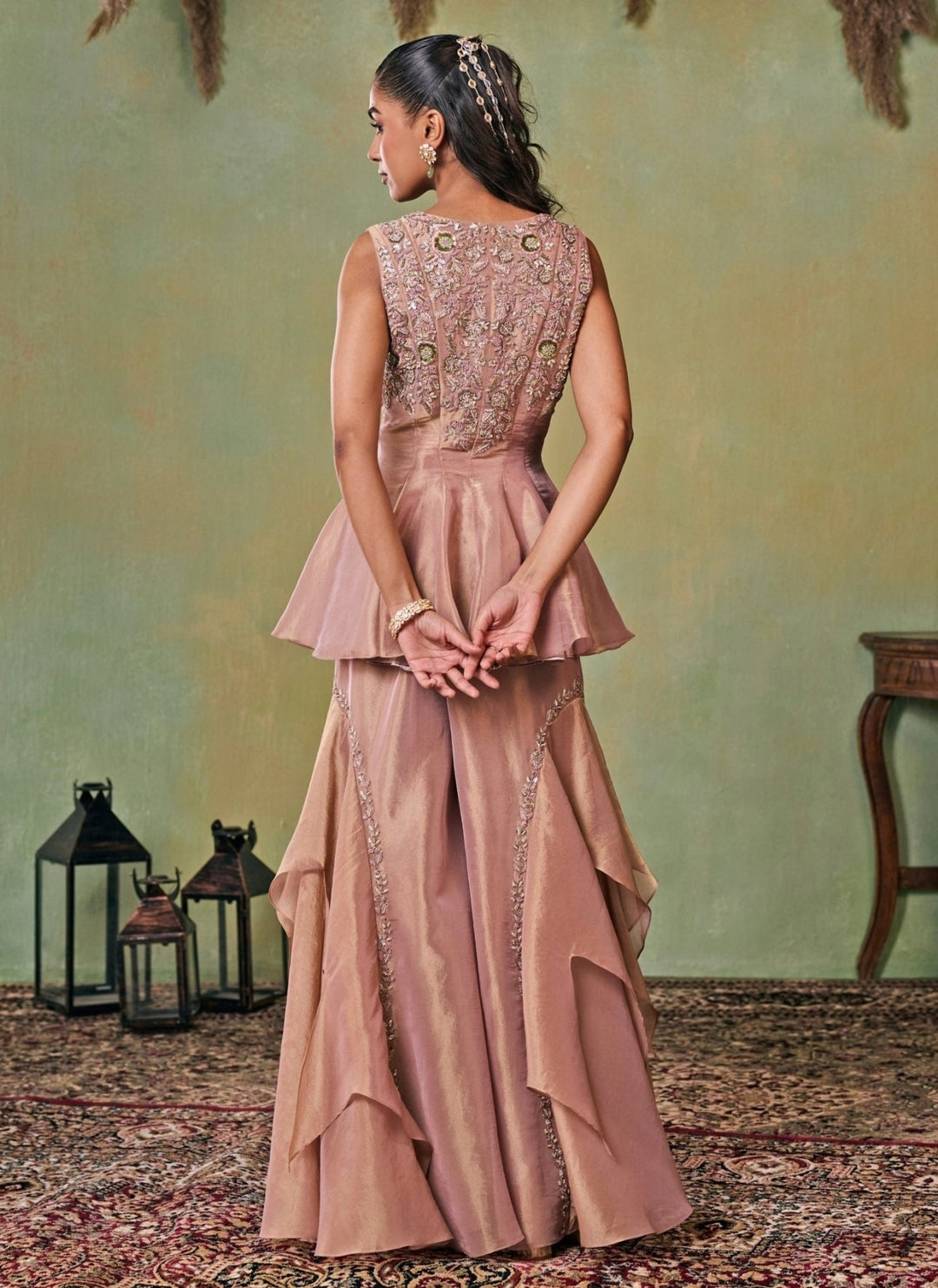 Seema Thukral Dusty Pink Tissue Peplum Kurta Sharara SetFabilicious Fashion