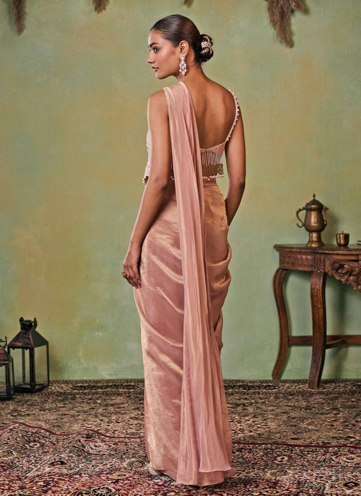 Seema Thukral Dusty Pink Tissue Pre-Draped Saree With Corset BlouseFabilicious Fashion