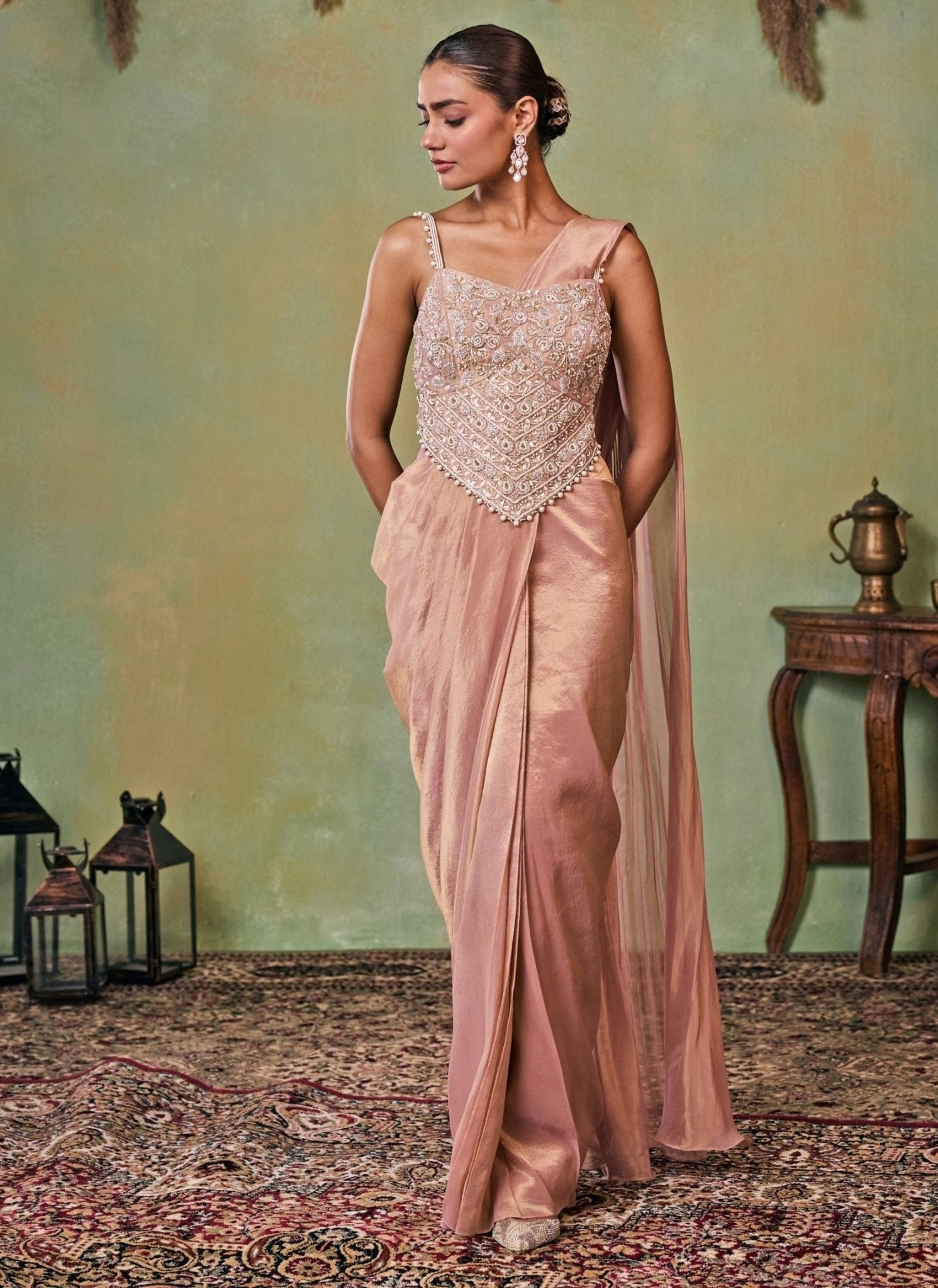Dusty Pink Tissue Pre-Draped Saree with Corset Blouse by Seema Thukral — bridesmaid corset blouse saree