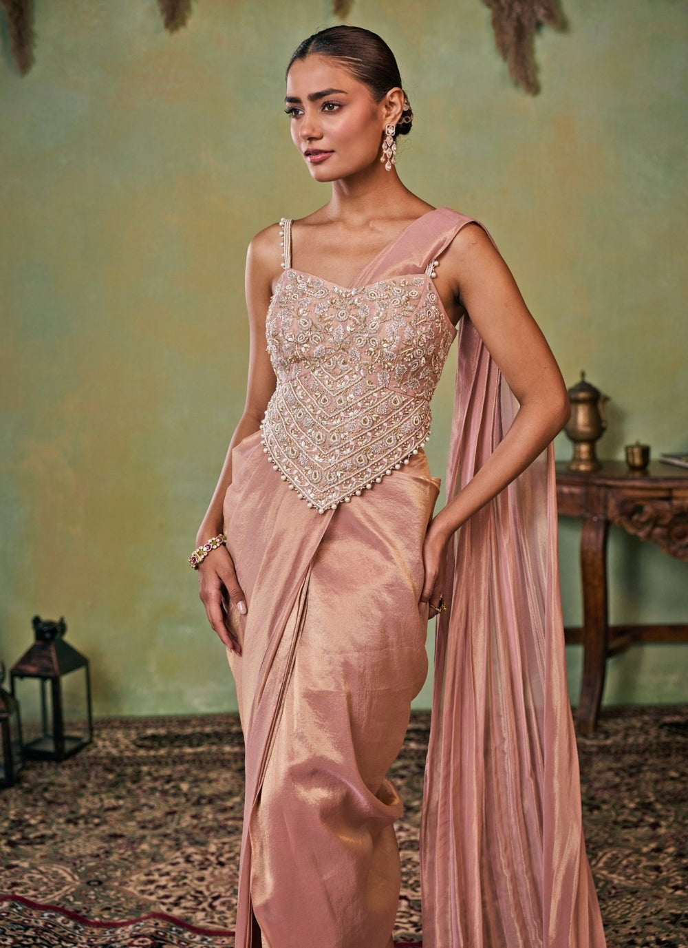 Seema Thukral Dusty Pink Tissue Pre-Draped Saree With Corset BlouseFabilicious Fashion