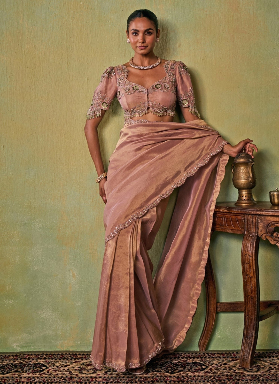 Seema Thukral Dusty Pink Tissue Pre-Draped SareeFabilicious Fashion