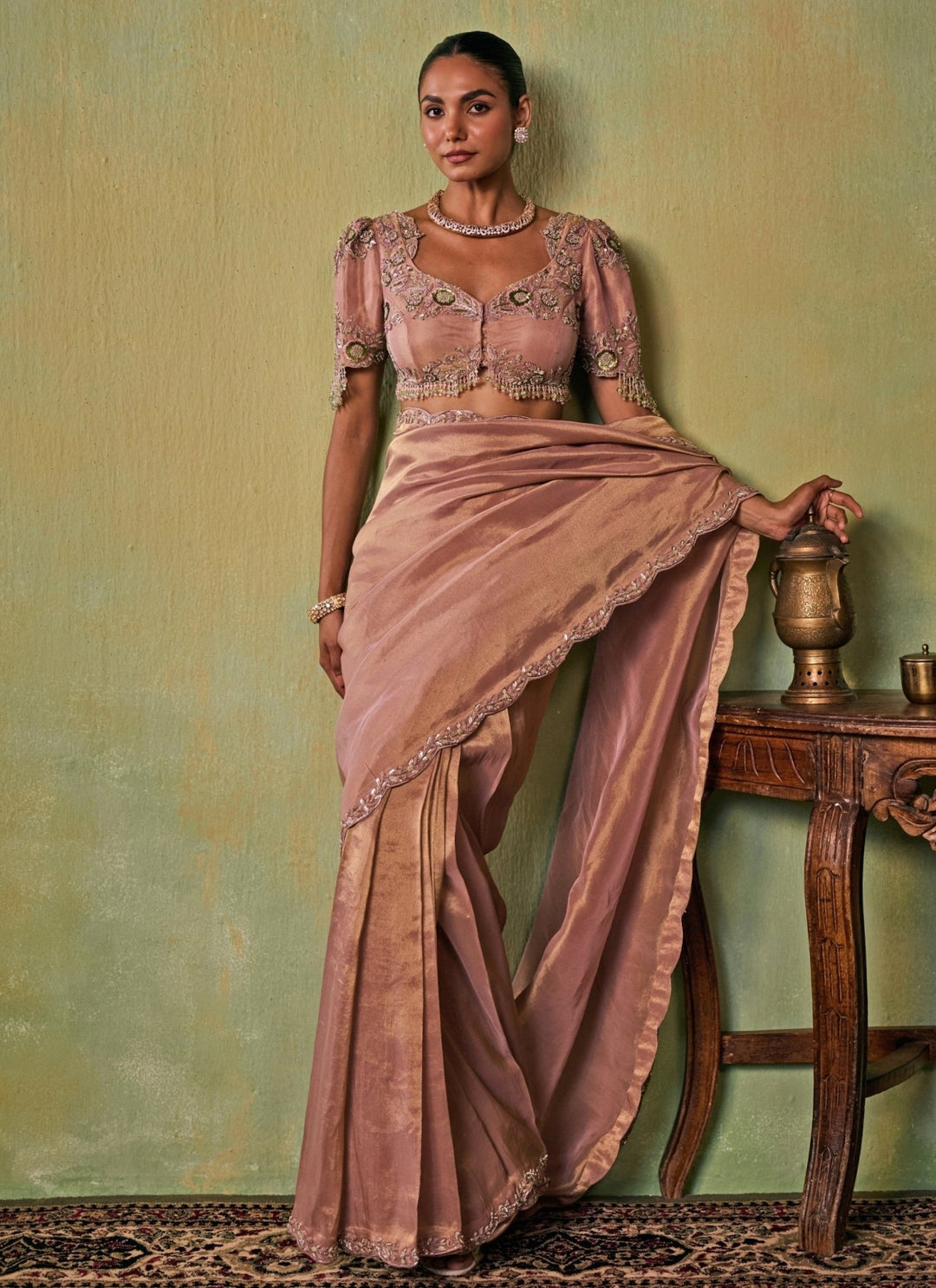 Seema Thukral Dusty Pink Tissue Pre-Draped SareeFabilicious Fashion