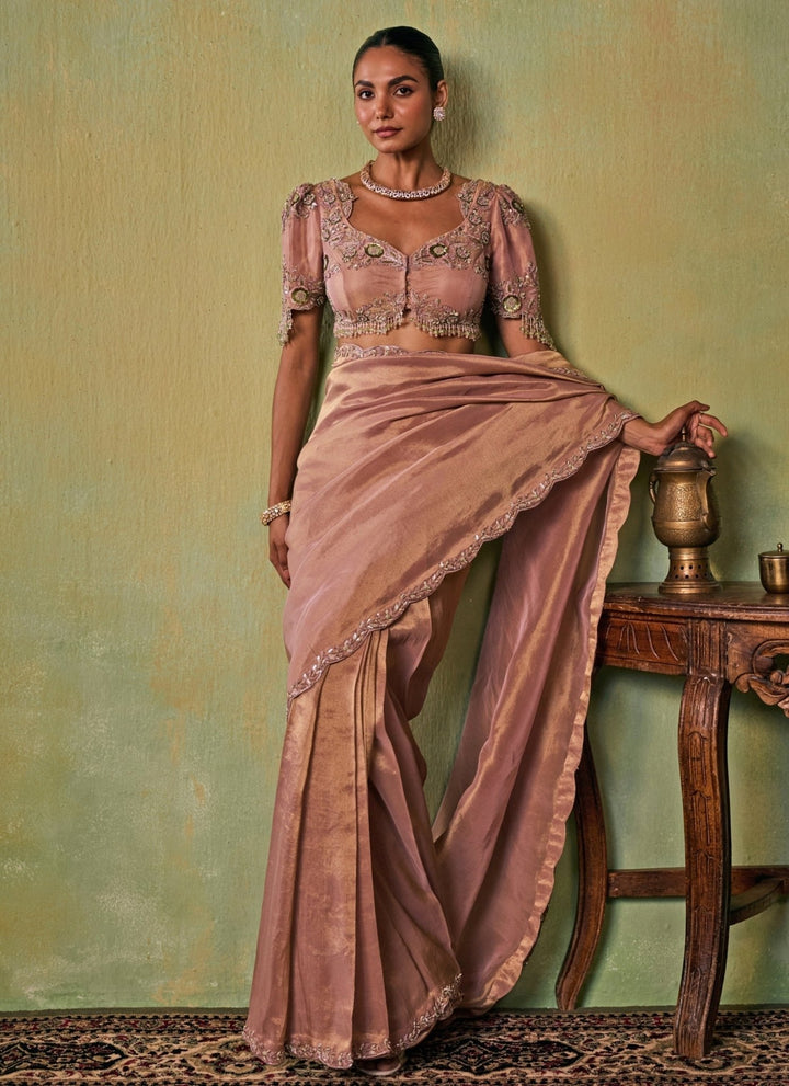 Seema Thukral Dusty Pink Tissue Pre-Draped SareeFabilicious Fashion