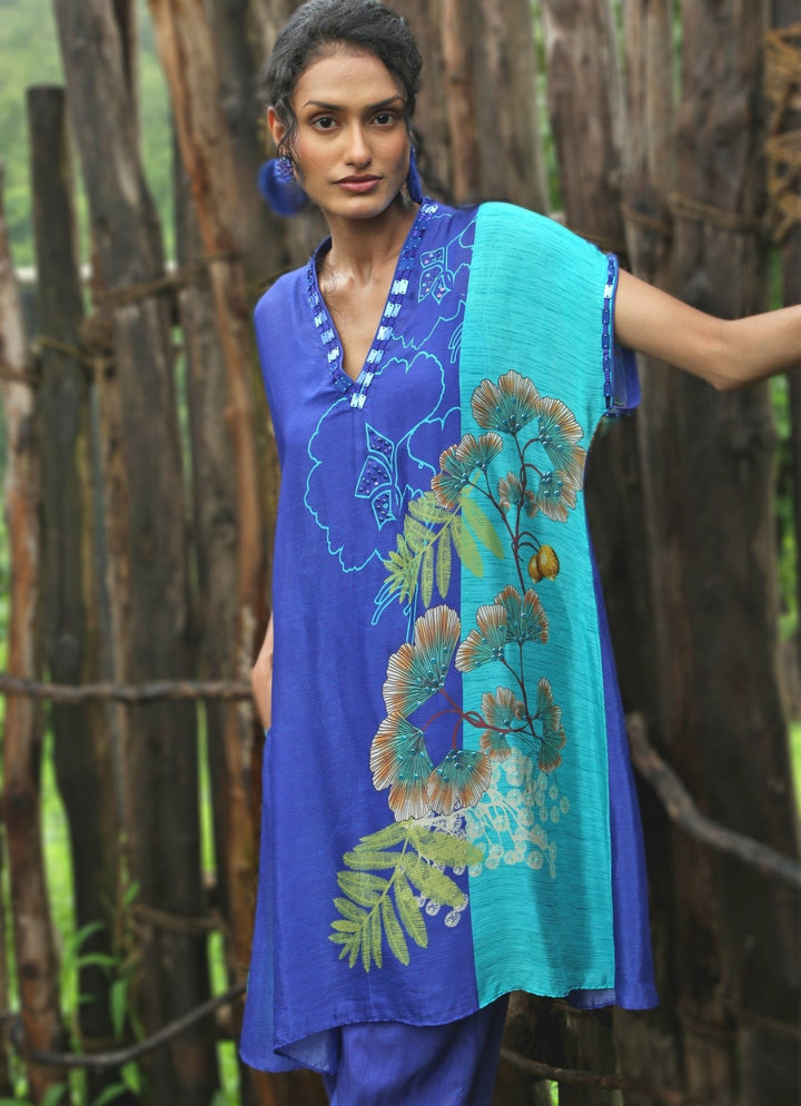 Electric Blue Chinon Kurta Pant Set Basil Leaf - Fabilicious Fashion