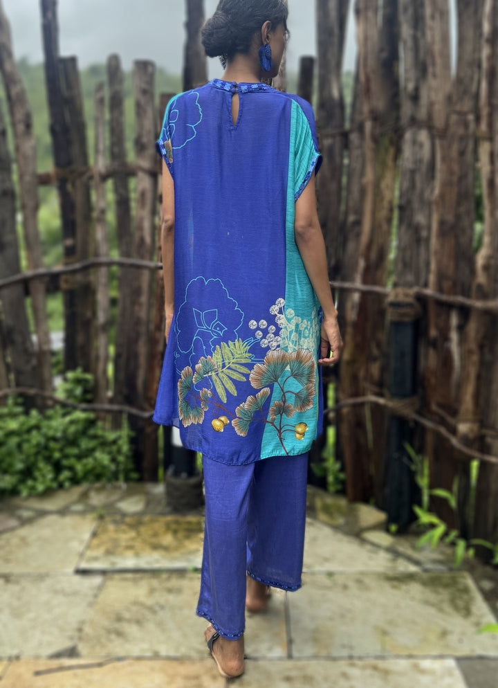 Electric Blue Chinon Kurta Pant Set Basil Leaf - Fabilicious Fashion