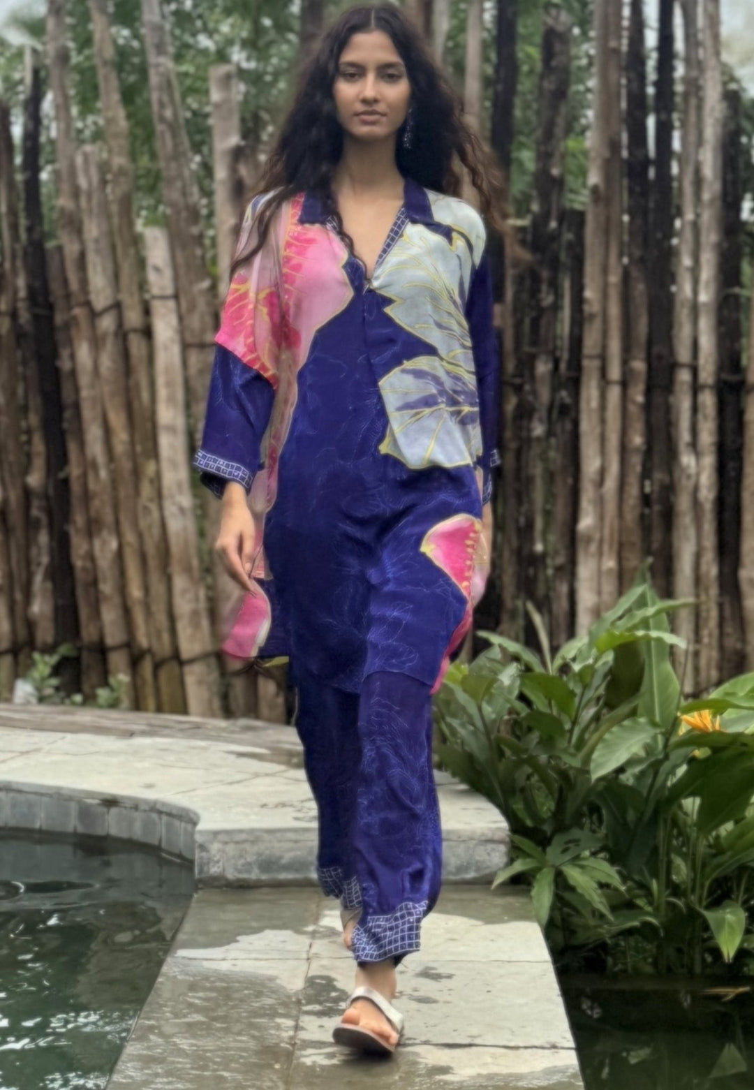 Electric Blue Crepe Kurta Pant Set Basil Leaf - Fabilicious Fashion