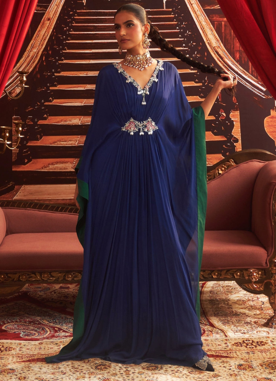 Electric Blue Embroidered Chiffon Kaftan Seema Thukral - Fabilicious Fashion