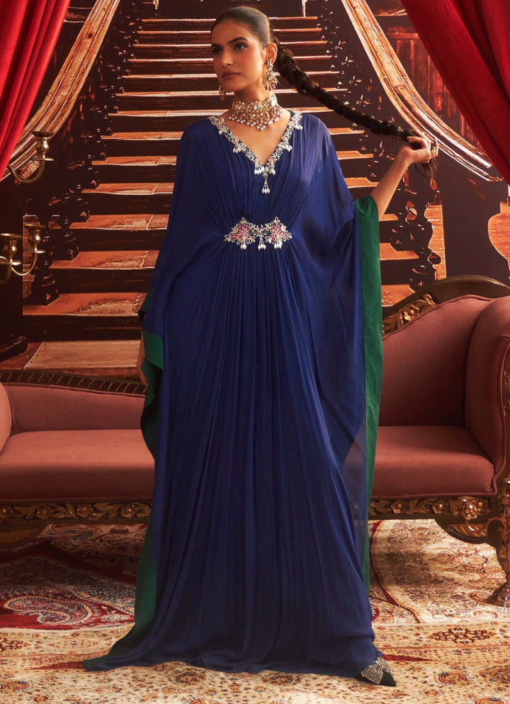 Electric Blue Embroidered Chiffon Kaftan Seema Thukral - Fabilicious Fashion