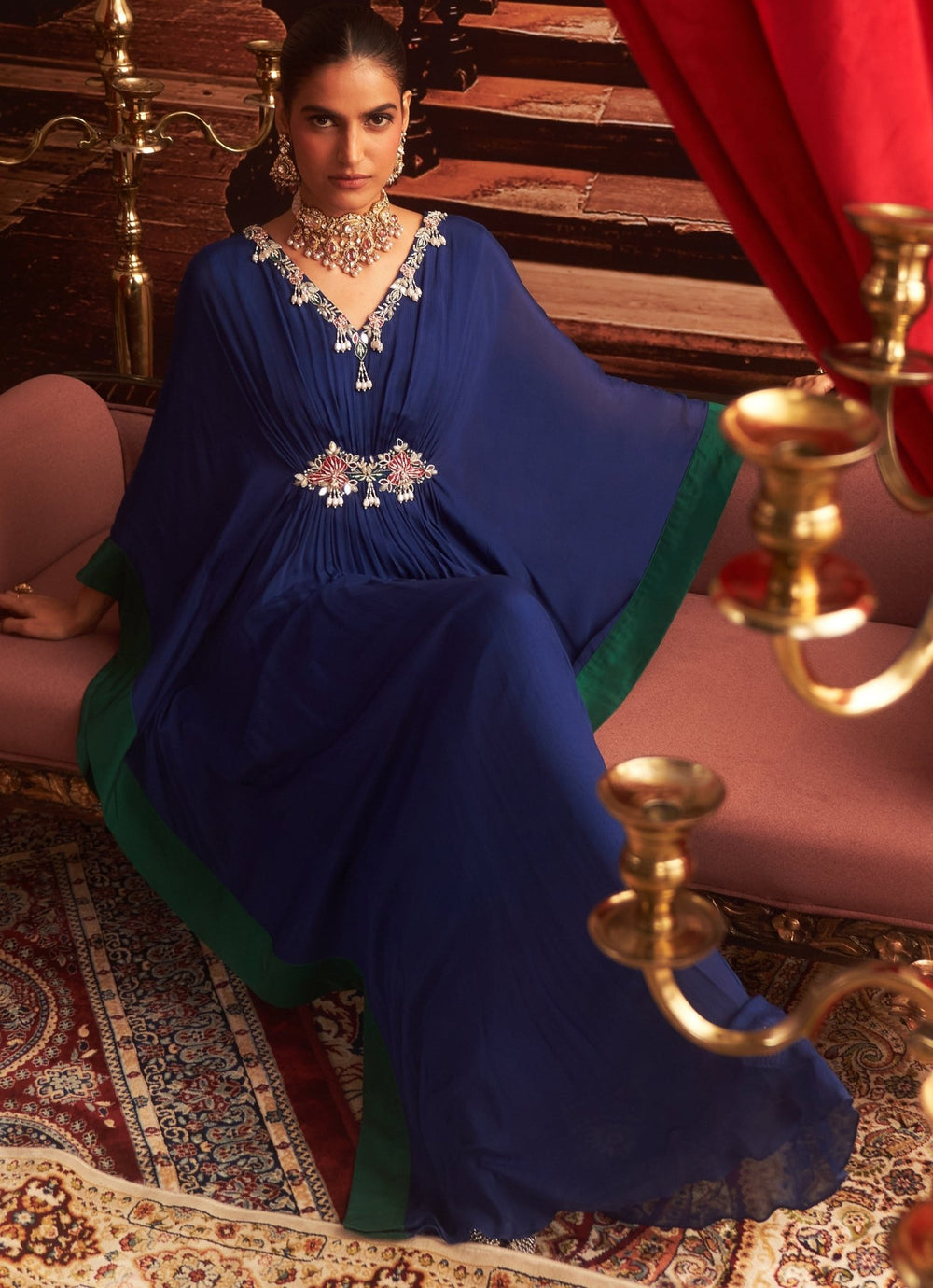 Electric Blue Embroidered Chiffon Kaftan Seema Thukral - Fabilicious Fashion