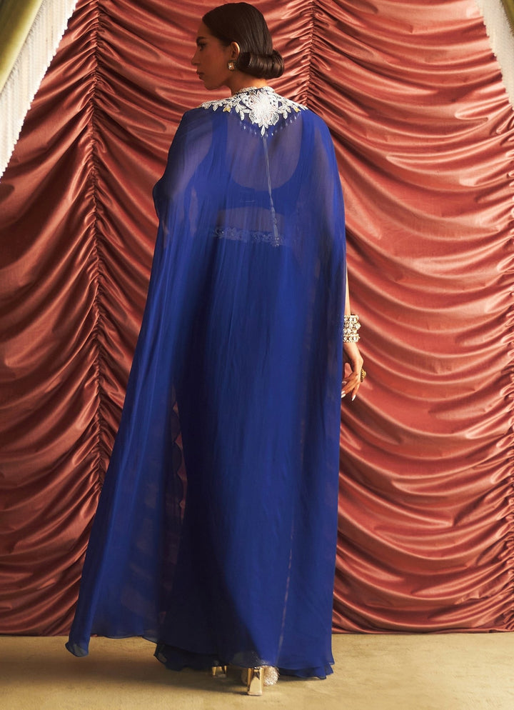 Electric Blue Embroidered Drape Skirt And Cape Set Seema Thukral - Fabilicious Fashion