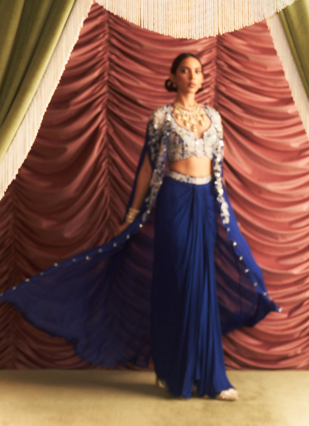 Electric Blue Embroidered Drape Skirt And Cape Set Seema Thukral - Fabilicious Fashion
