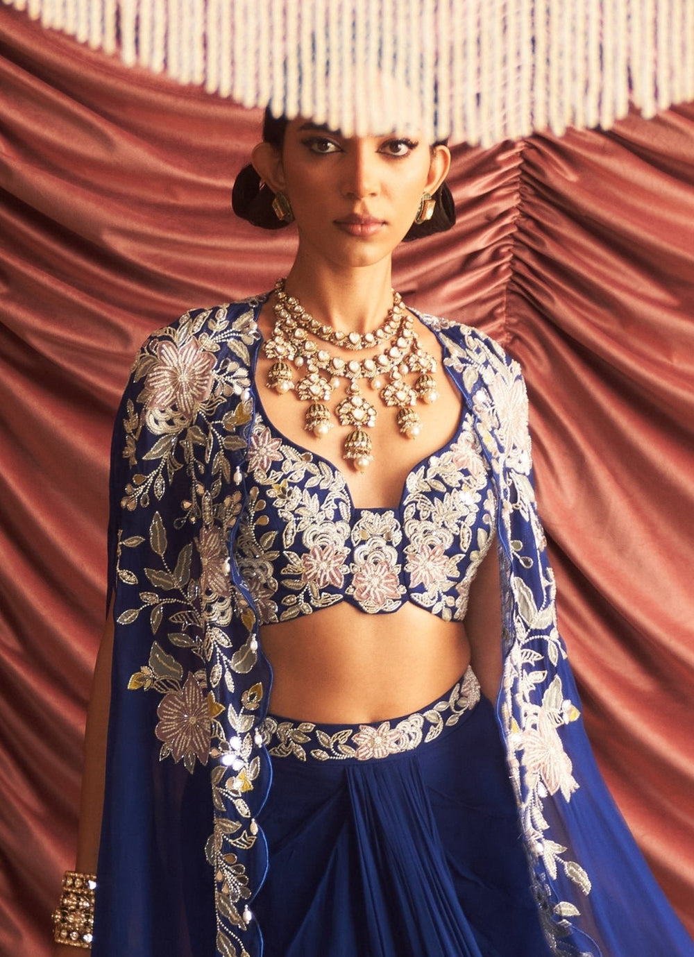 Electric Blue Embroidered Drape Skirt And Cape Set Seema Thukral - Fabilicious Fashion