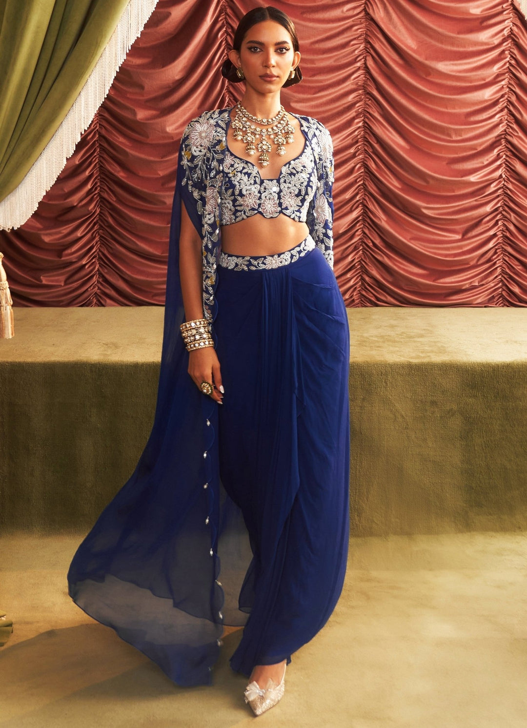 Electric Blue Embroidered Drape Skirt And Cape Set Seema Thukral - Fabilicious Fashion
