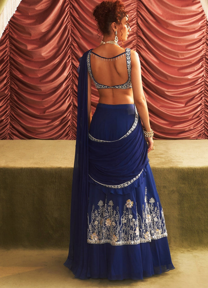 Electric Blue Embroidered Lehenga Saree Set Seema Thukral - Fabilicious Fashion