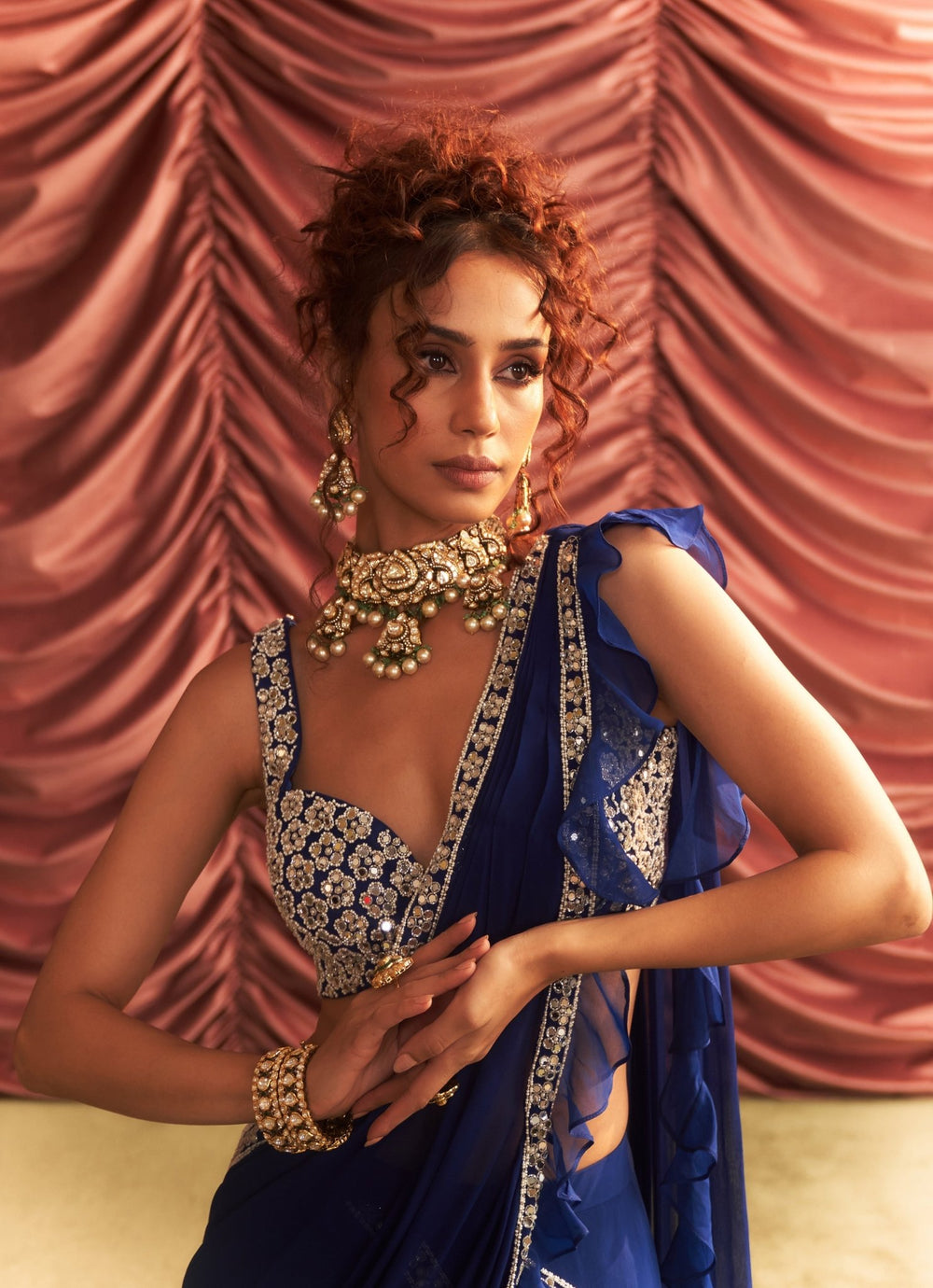 Electric Blue Embroidered Lehenga Saree Set Seema Thukral - Fabilicious Fashion