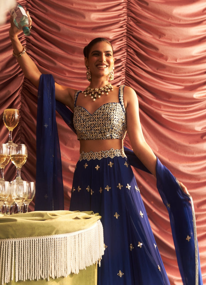 Electric Blue Embroidered Lehenga Set Seema Thukral - Fabilicious Fashion