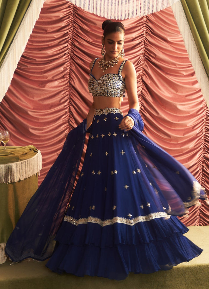 Electric Blue Embroidered Lehenga Set Seema Thukral - Fabilicious Fashion