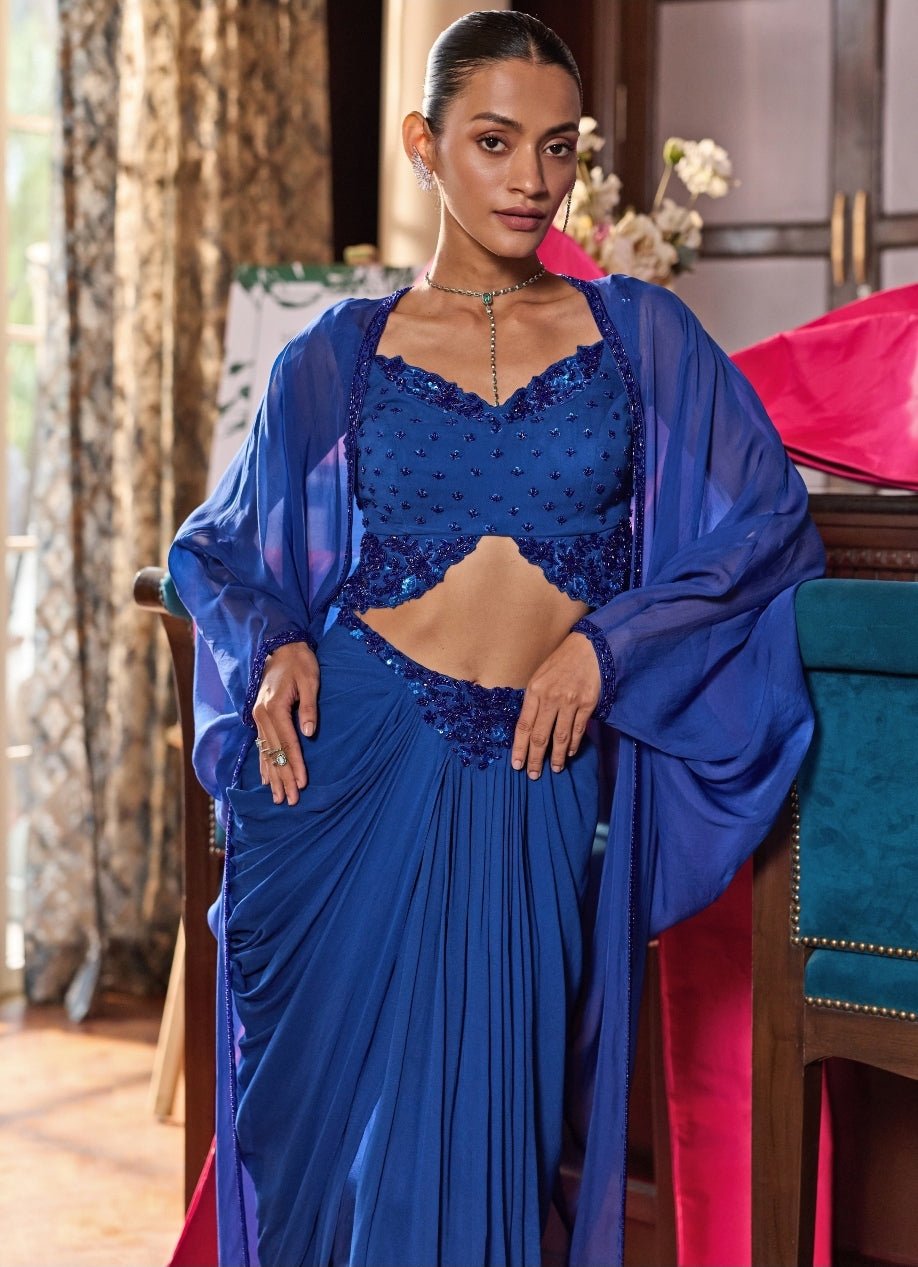 Electric Blue Georgette Cape Set With Drape Skirt Seema Thukral - Fabilicious Fashion
